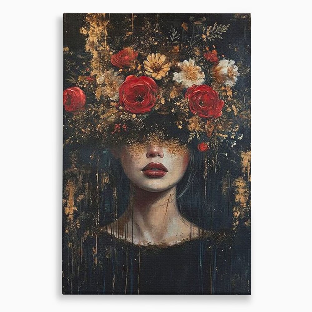 Tablou canvas cu tablou canvas cu portret de femeie si trandafiri rosii, fara rama, pe sasiu de lemn