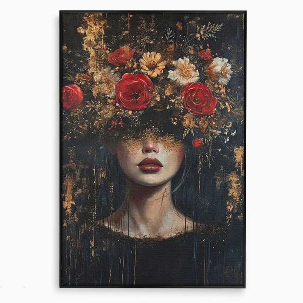 Tablou canvas cu tablou canvas cu portret de femeie si trandafiri rosii, in rama de aluminiu negru