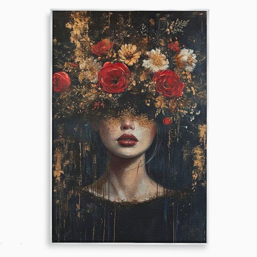 Tablou canvas cu tablou canvas cu portret de femeie si trandafiri rosii, in rama de aluminiu argintiu