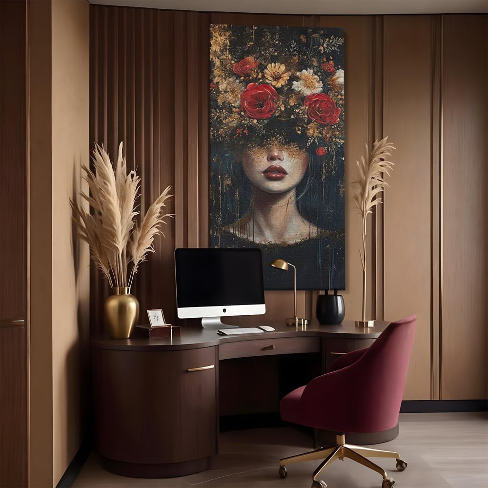 Tablou canvas cu tablou canvas cu portret de femeie si trandafiri rosii, fara rama, pe sasiu de lemn, pe perete intr-un birou