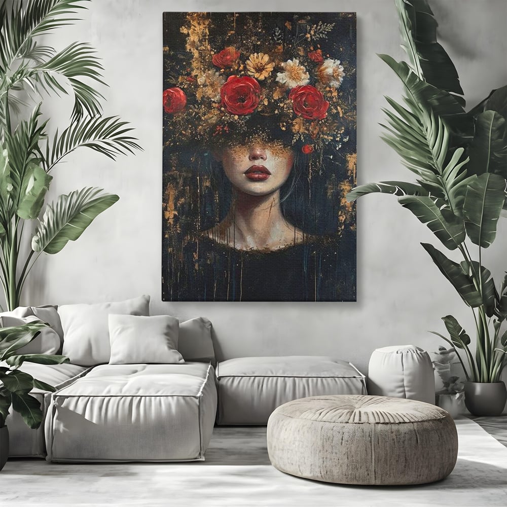 Tablou canvas cu tablou canvas cu portret de femeie si trandafiri rosii, fara rama, pe sasiu de lemn, pe perete intr-un living