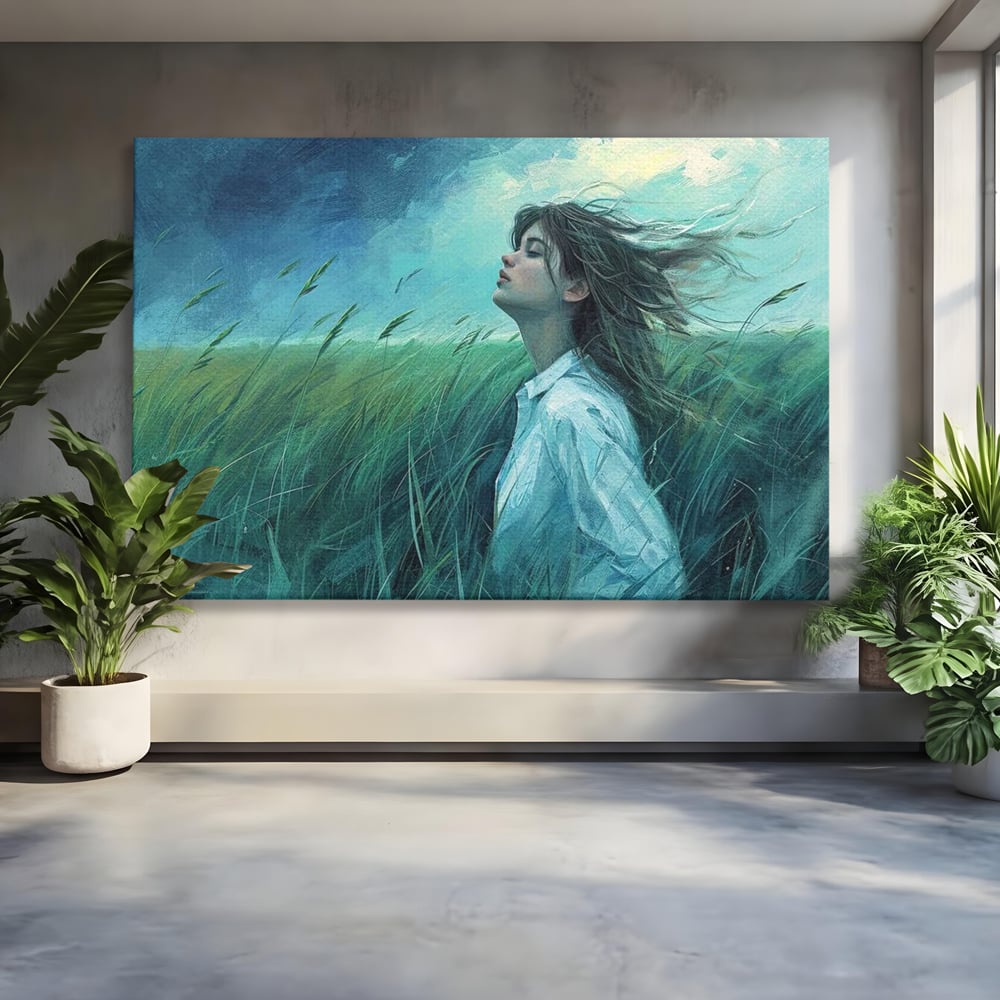 Tablou canvas cu tablou canvas cu fata in camp de iarba, fara rama, pe sasiu de lemn