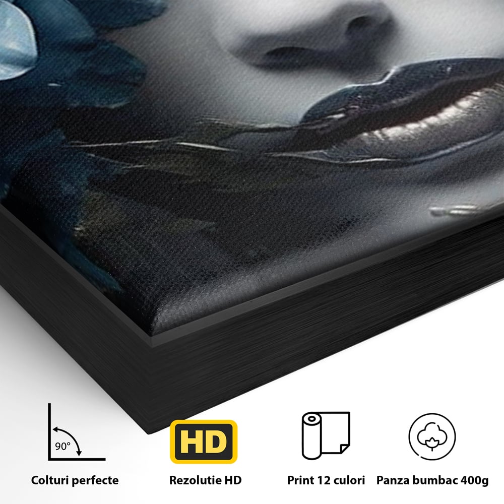 Detaliu al suprafetei: tablou canvas cu chip de femeie si trandafir albastru, in rama de aluminiu negru