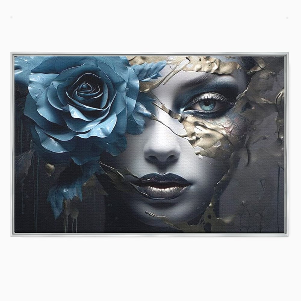 Tablou canvas cu tablou canvas cu chip de femeie si trandafir albastru, in rama de aluminiu argintiu