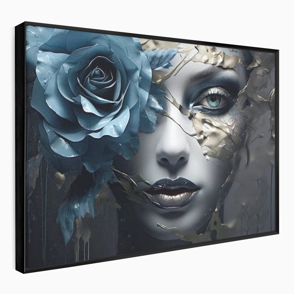 Tablou canvas cu tablou canvas cu chip de femeie si trandafir albastru, in rama de aluminiu negru