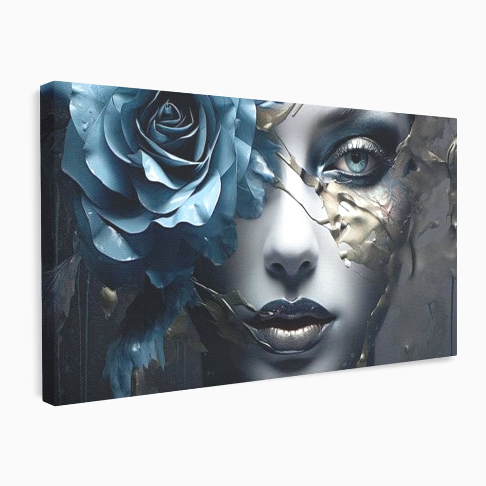 Tablou canvas cu tablou canvas cu chip de femeie si trandafir albastru, fara rama, pe sasiu de lemn