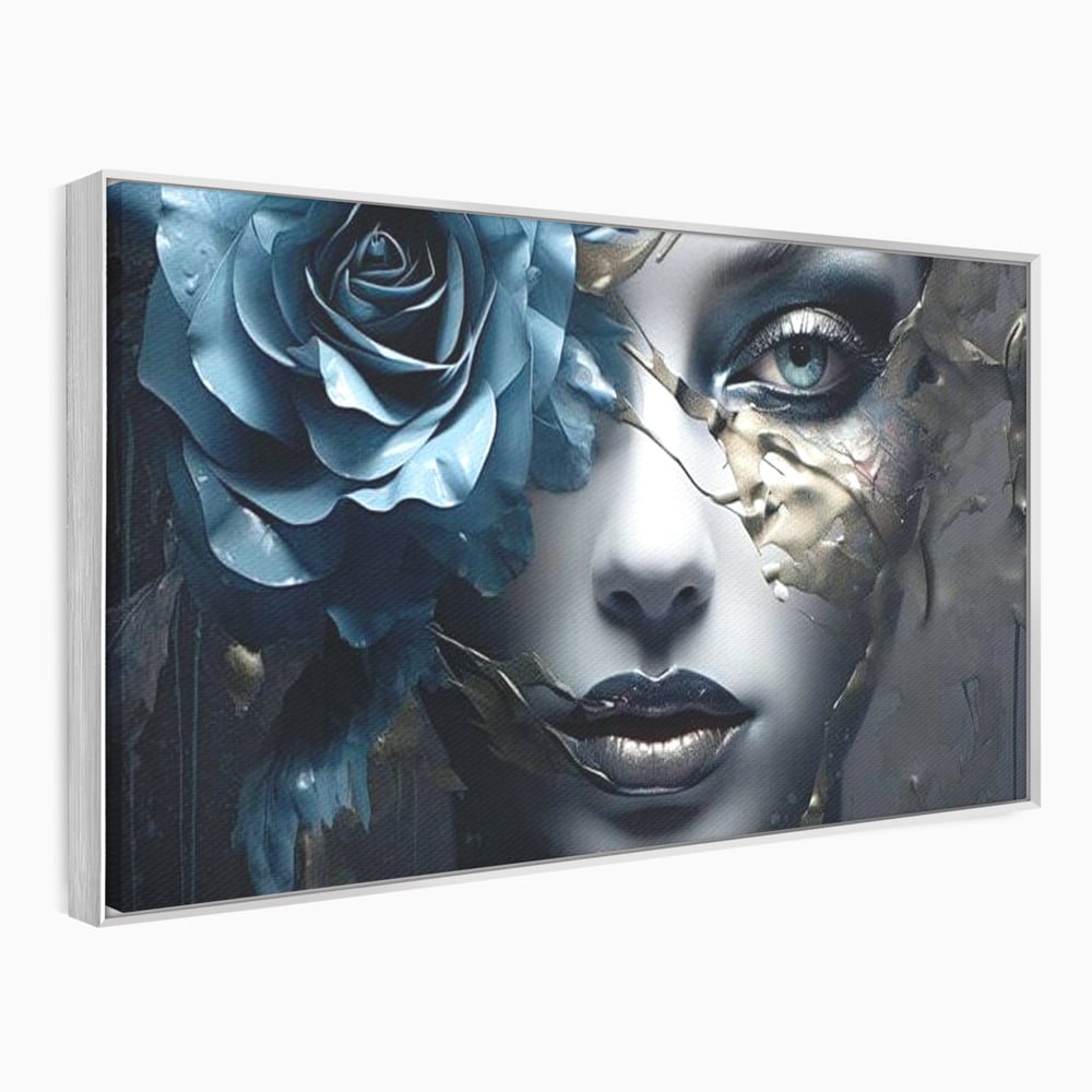 Tablou canvas cu tablou canvas cu chip de femeie si trandafir albastru, in rama de aluminiu argintiu