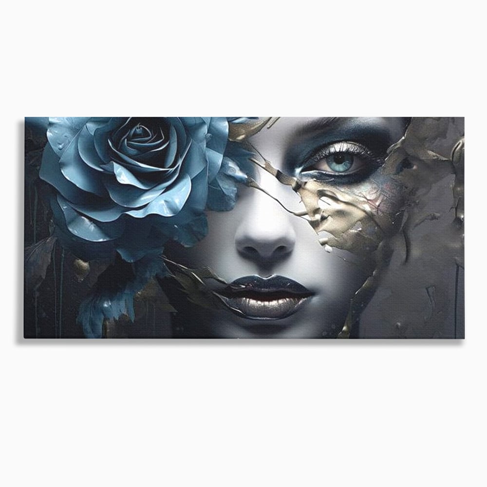 Tablou canvas cu tablou canvas cu chip de femeie si trandafir albastru, fara rama, pe sasiu de lemn