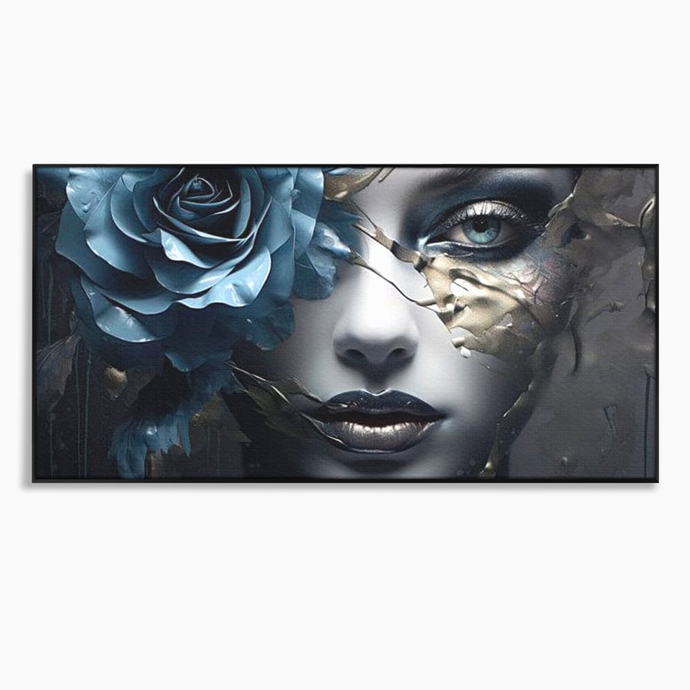 Tablou canvas cu tablou canvas cu chip de femeie si trandafir albastru, in rama de aluminiu negru