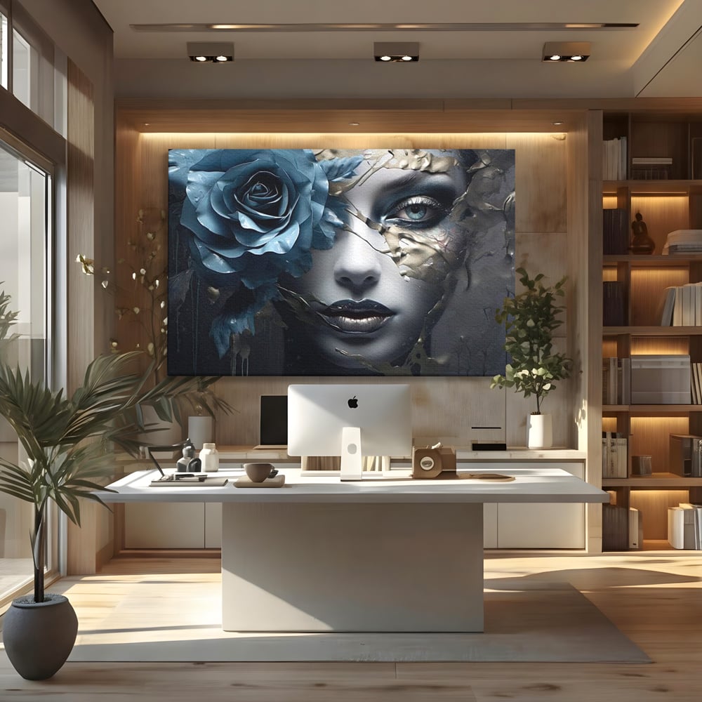 Tablou canvas cu tablou canvas cu chip de femeie si trandafir albastru, fara rama, pe sasiu de lemn, pe perete intr-un birou