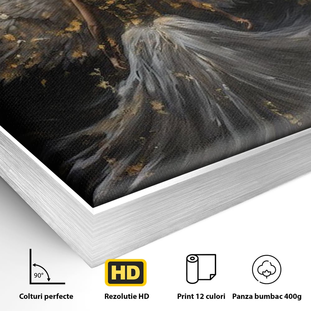 Detaliu al suprafetei: tablou canvas cu inger si aripi, in rama de aluminiu argintiu