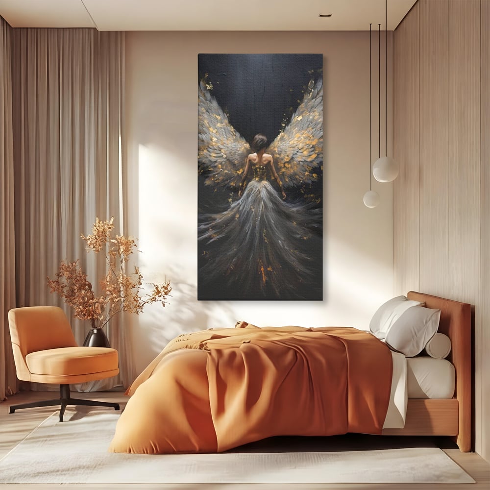 Tablou canvas cu tablou canvas cu inger si aripi, fara rama, pe sasiu de lemn, pe perete intr-un dormitor