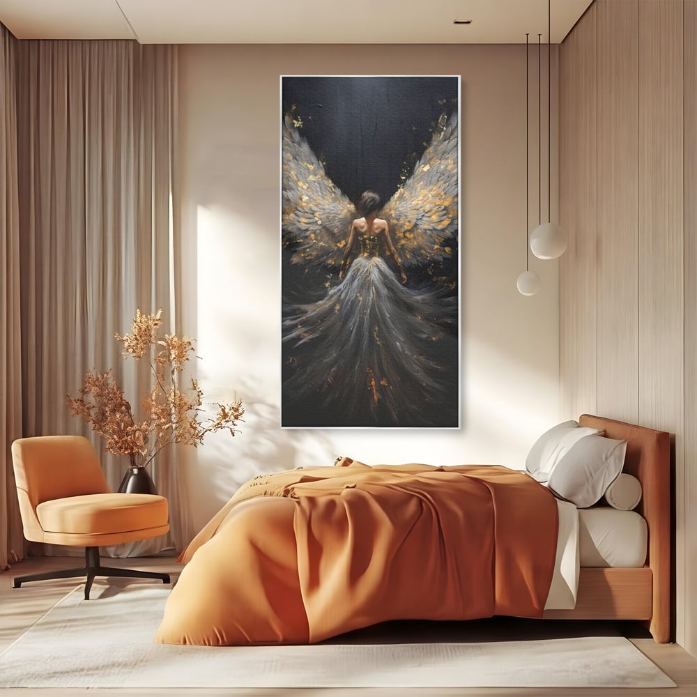 Tablou canvas cu tablou canvas cu inger si aripi, in rama de aluminiu argintiu, pe perete intr-un dormitor