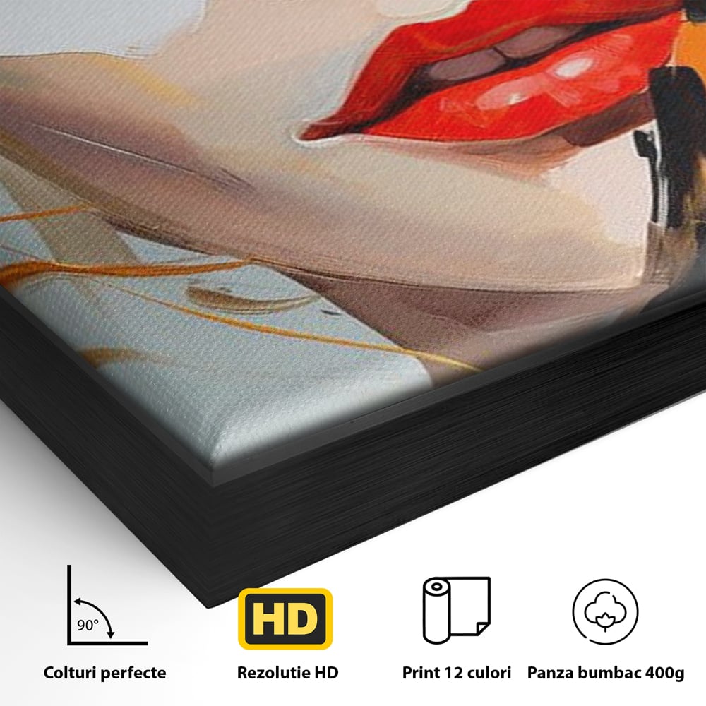 Detaliu al suprafetei: tablou canvas cu chip de femeie, in rama de aluminiu negru