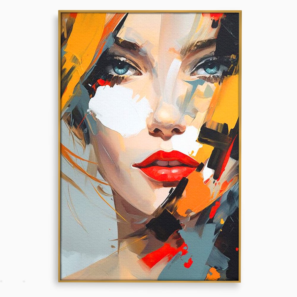 Tablou canvas cu tablou canvas cu chip de femeie, in rama de aluminiu auriu