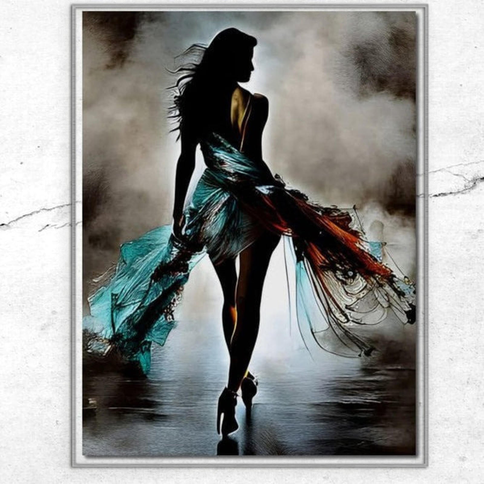 Tablou Canvas Premium, LuxCanva® G1205, Pasi peste Oglinda, Silueta, Pdium, Moda, Manechin, Oniric, Rochie, Voal, Fluiditate, Reflexii, Scenic, Pasi, Tocuri, Birou, Living, Dormitor