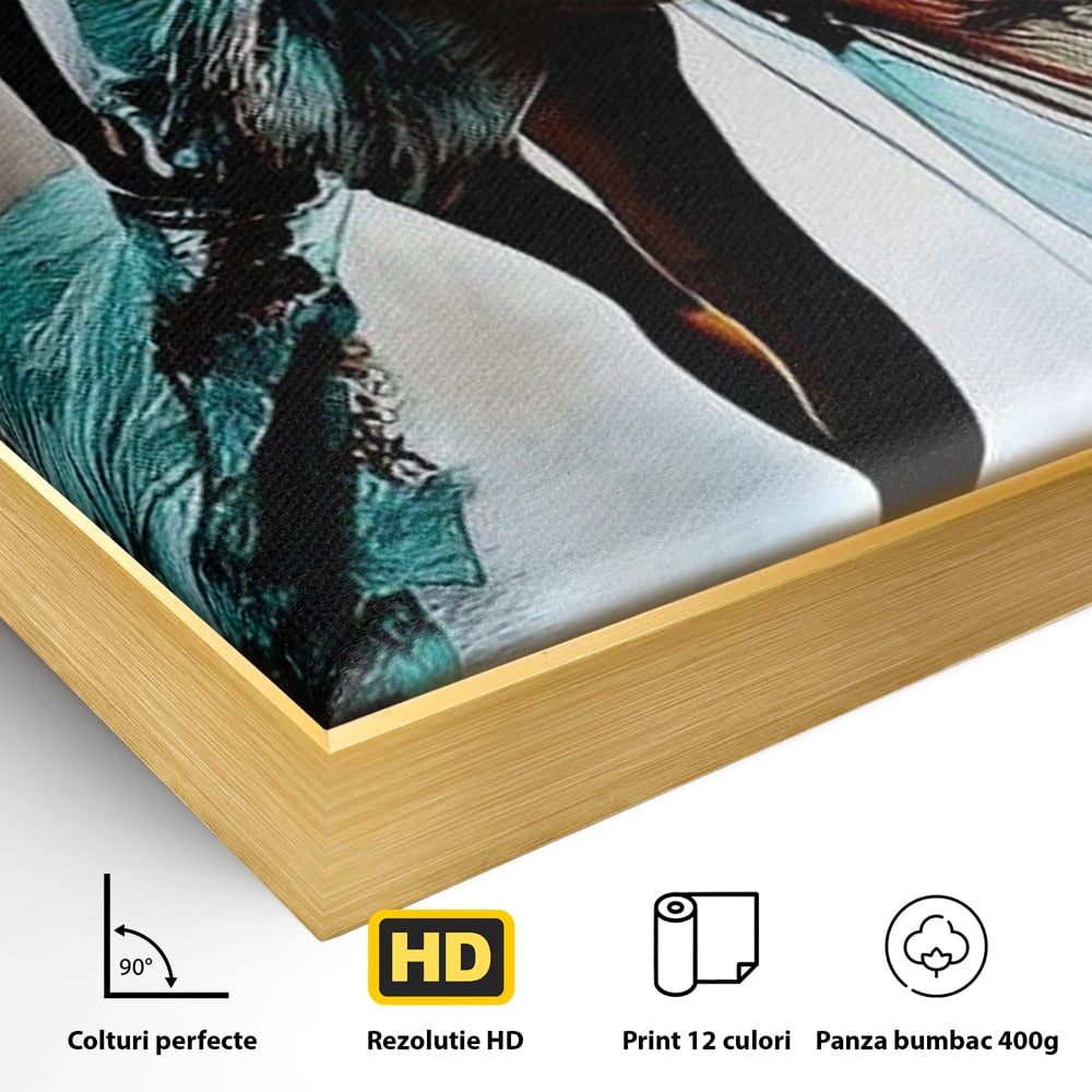 Detaliu al suprafetei: tablou canvas cu silueta feminina si rochie fluida, in rama de aluminiu auriu