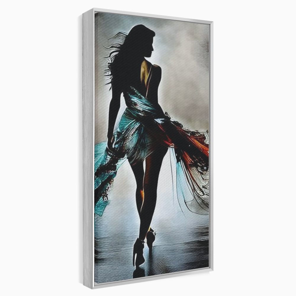 Tablou canvas cu tablou canvas cu silueta feminina si rochie fluida, in rama de aluminiu argintiu