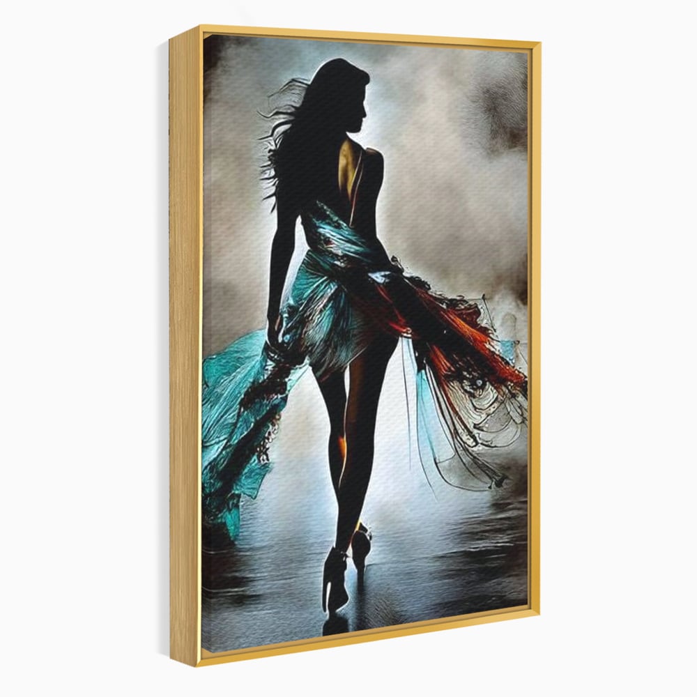 Tablou canvas cu tablou canvas cu silueta feminina si rochie fluida, in rama de aluminiu auriu