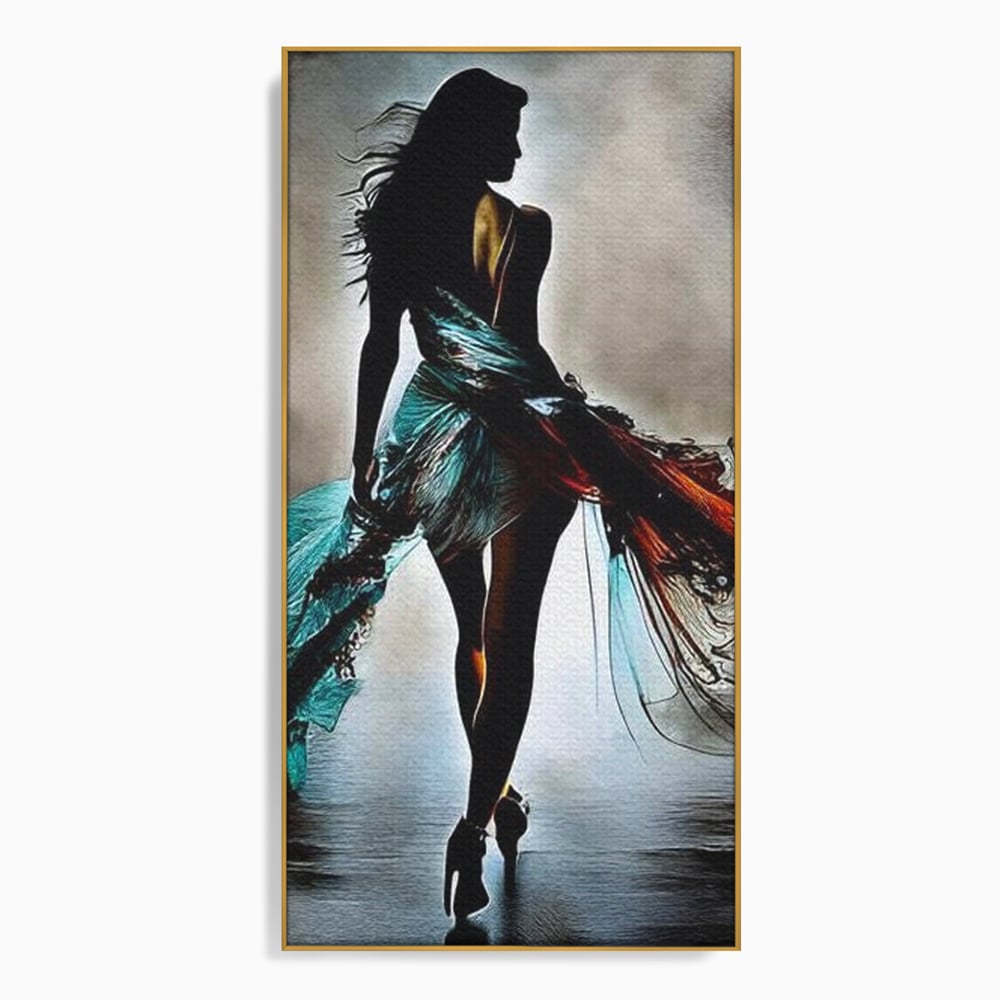 Tablou canvas cu tablou canvas cu silueta feminina si rochie fluida, in rama de aluminiu auriu