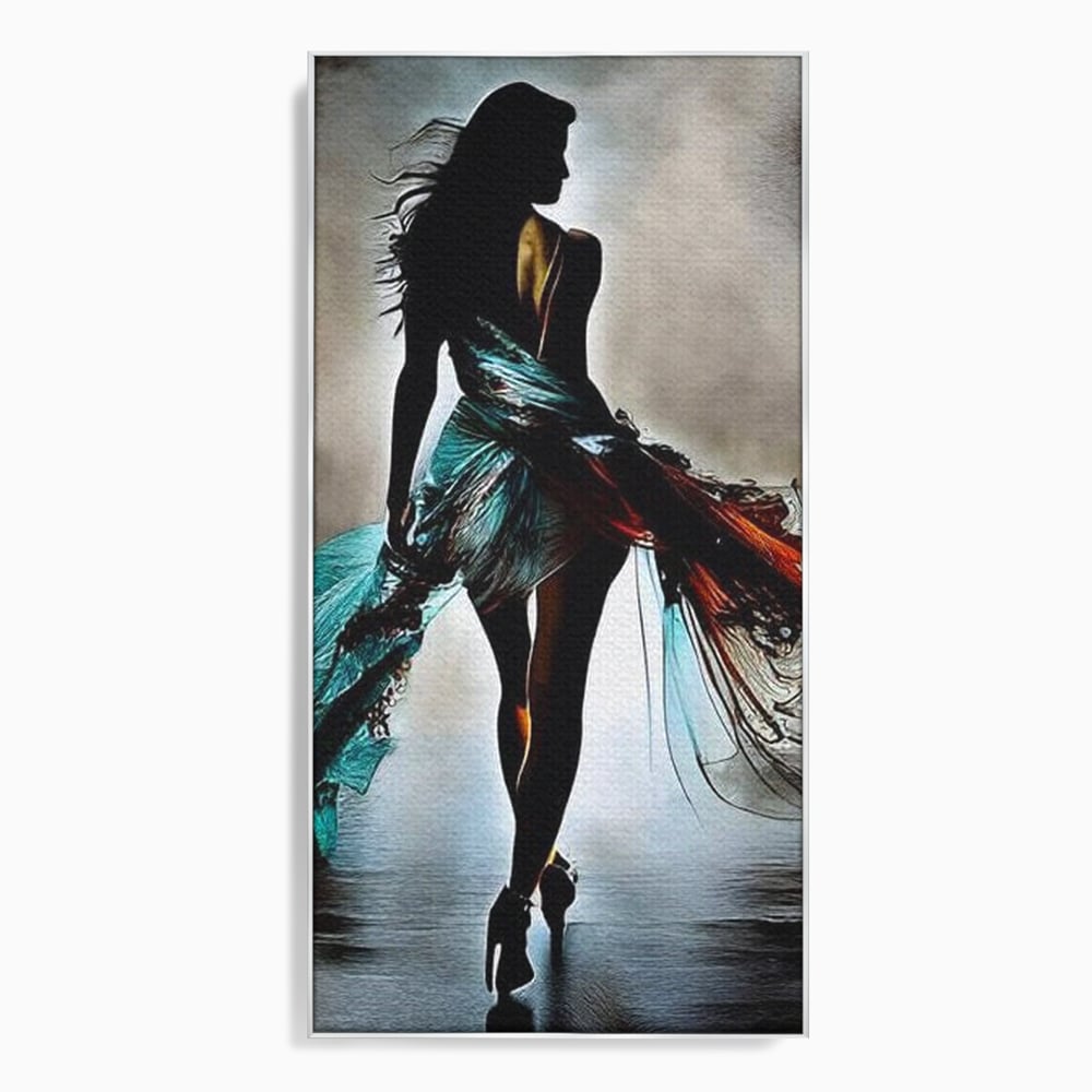 Tablou canvas cu tablou canvas cu silueta feminina si rochie fluida, in rama de aluminiu argintiu