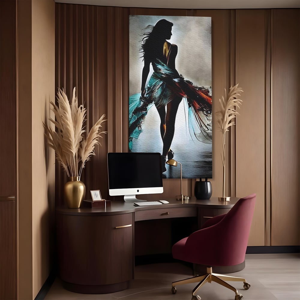 Tablou canvas cu tablou canvas cu silueta feminina si rochie fluida, fara rama, pe sasiu de lemn, pe perete intr-un birou