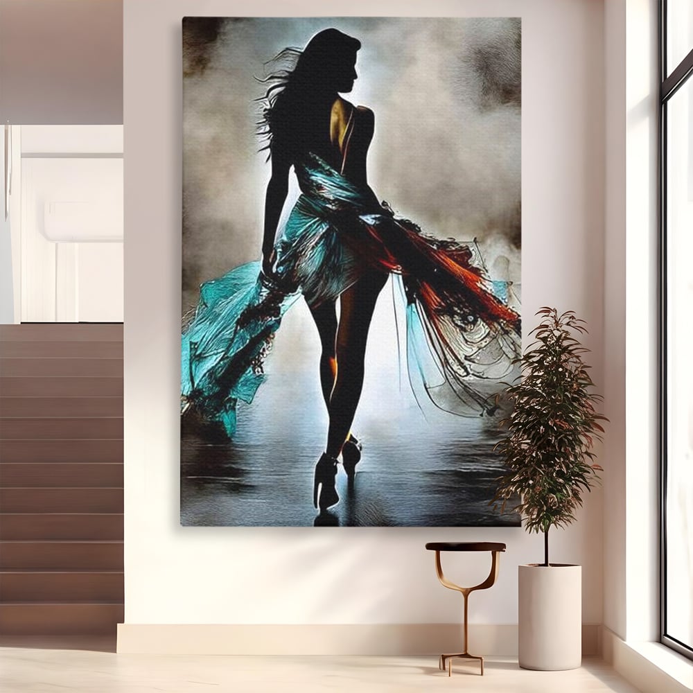 Tablou canvas cu tablou canvas cu silueta feminina si rochie fluida, fara rama, pe sasiu de lemn