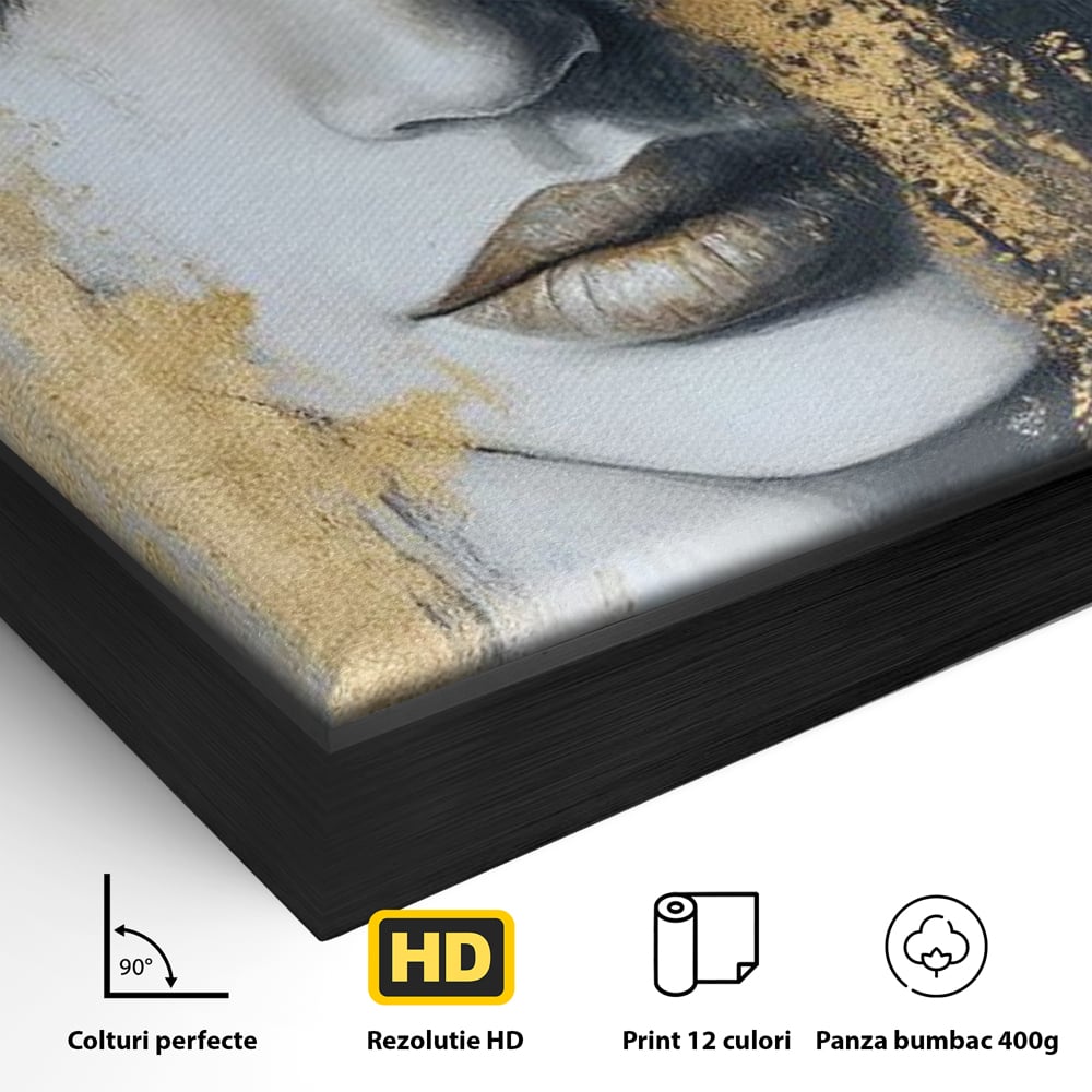Detaliu al suprafetei: tablou canvas portret feminin cu trandafir auriu, in rama de aluminiu negru
