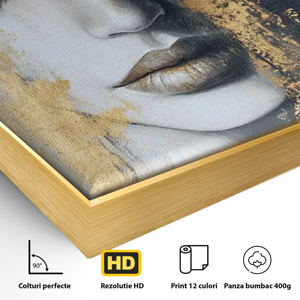 Detaliu al suprafetei: tablou canvas portret feminin cu trandafir auriu, in rama de aluminiu auriu