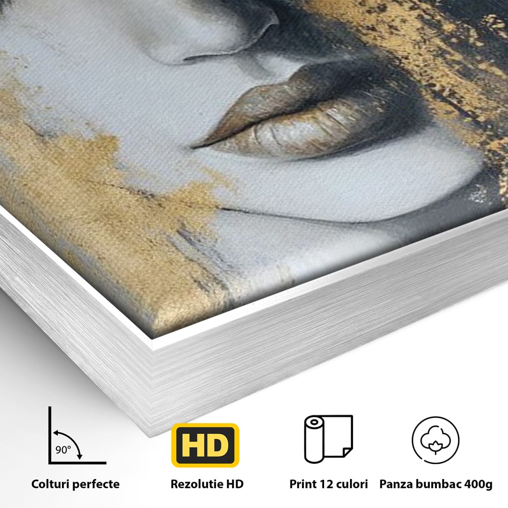 Detaliu al suprafetei: tablou canvas portret feminin cu trandafir auriu, in rama de aluminiu argintiu