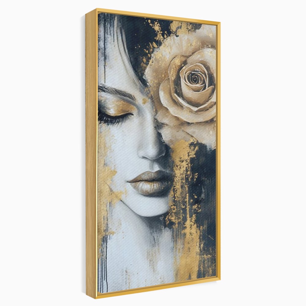 Tablou canvas cu tablou canvas portret feminin cu trandafir auriu, in rama de aluminiu auriu