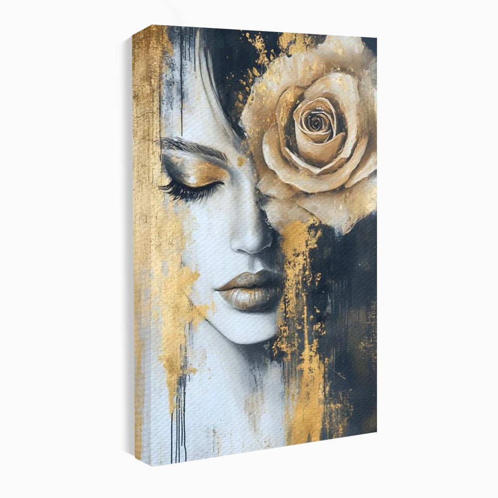 Tablou canvas cu tablou canvas portret feminin cu trandafir auriu, fara rama, pe sasiu de lemn