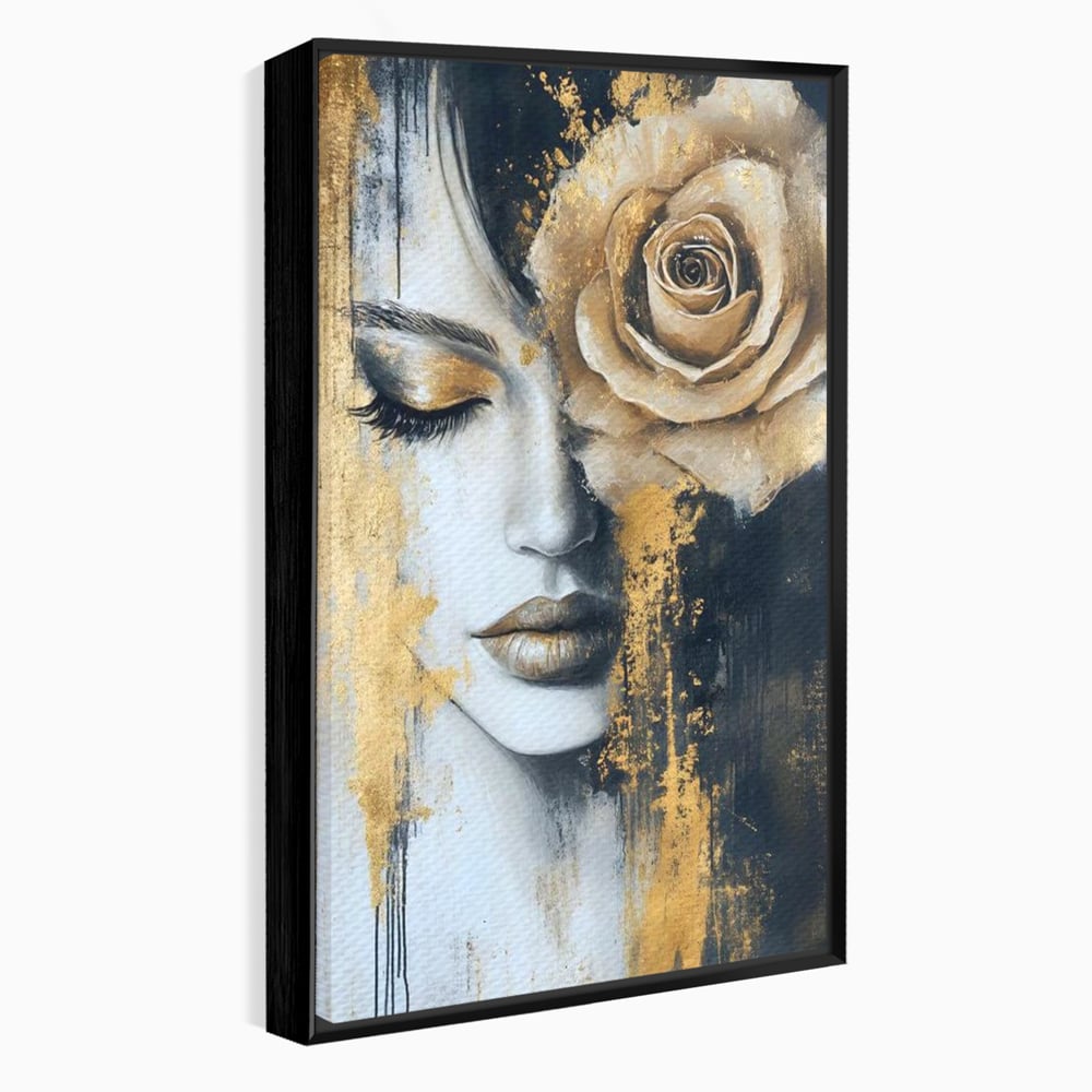 Tablou canvas cu tablou canvas portret feminin cu trandafir auriu, in rama de aluminiu negru