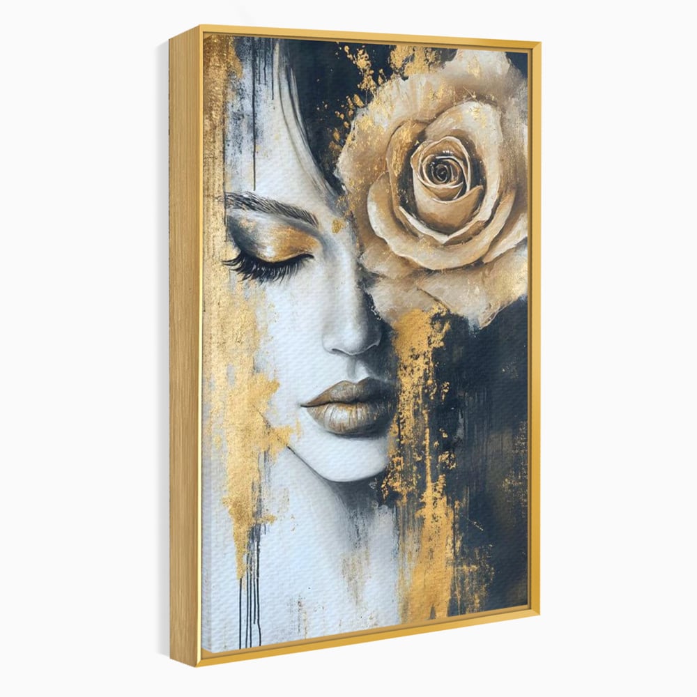 Tablou canvas cu tablou canvas portret feminin cu trandafir auriu, in rama de aluminiu auriu