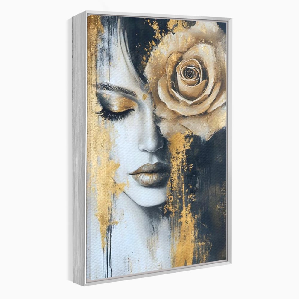 Tablou canvas cu tablou canvas portret feminin cu trandafir auriu, in rama de aluminiu argintiu