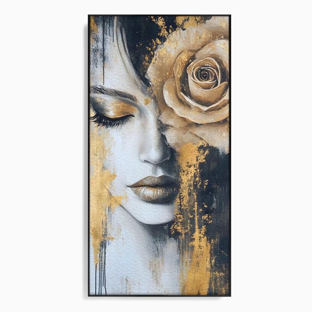 Tablou canvas cu tablou canvas portret feminin cu trandafir auriu, in rama de aluminiu negru