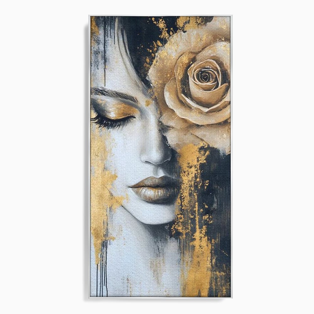 Tablou canvas cu tablou canvas portret feminin cu trandafir auriu, in rama de aluminiu argintiu