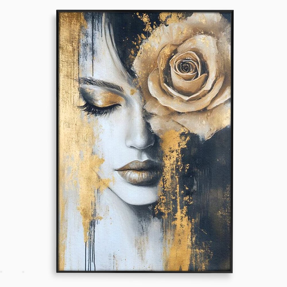 Tablou canvas cu tablou canvas portret feminin cu trandafir auriu, in rama de aluminiu negru