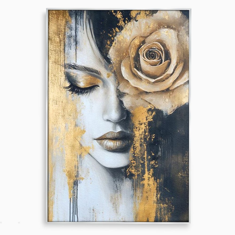 Tablou canvas cu tablou canvas portret feminin cu trandafir auriu, in rama de aluminiu argintiu