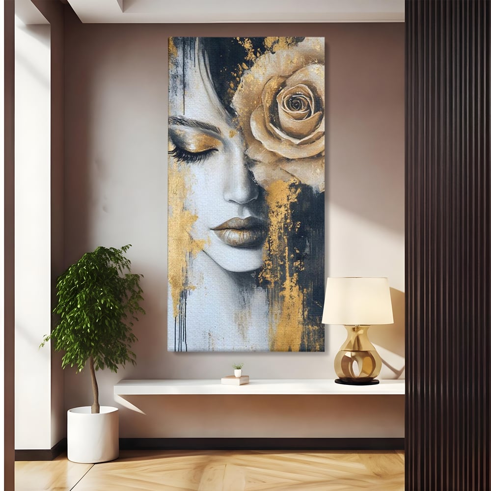 Tablou canvas cu tablou canvas portret feminin cu trandafir auriu, fara rama, pe sasiu de lemn