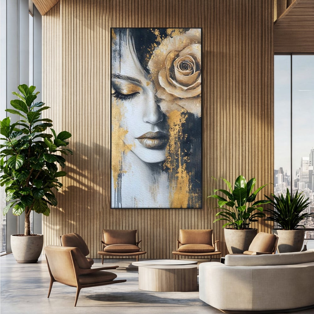 Tablou canvas cu tablou canvas portret feminin cu trandafir auriu, in rama de aluminiu negru, pe perete intr-un birou