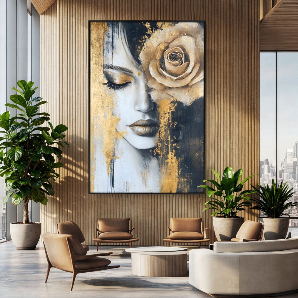 Tablou canvas cu tablou canvas portret feminin cu trandafir auriu, in rama de aluminiu negru, pe perete intr-un birou