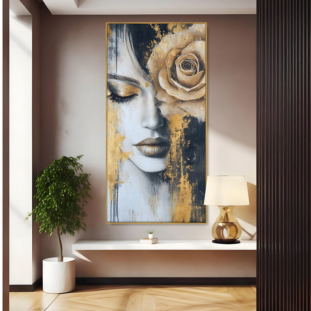 Tablou canvas cu tablou canvas portret feminin cu trandafir auriu, in rama de aluminiu auriu