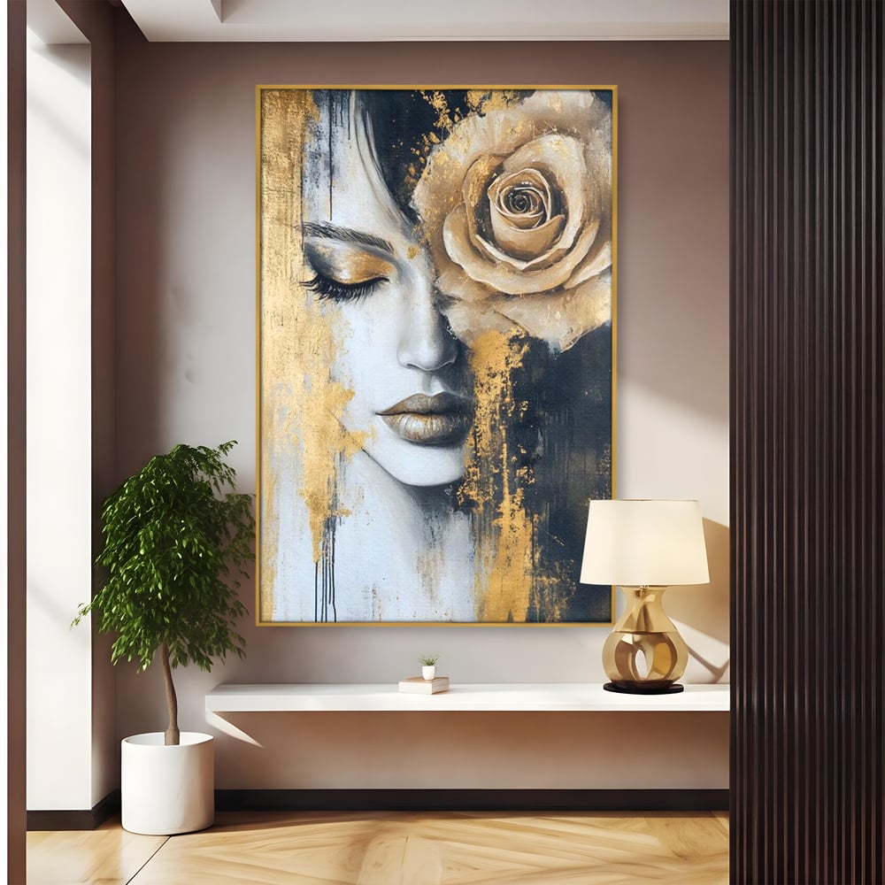 Tablou canvas cu tablou canvas portret feminin cu trandafir auriu, in rama de aluminiu auriu