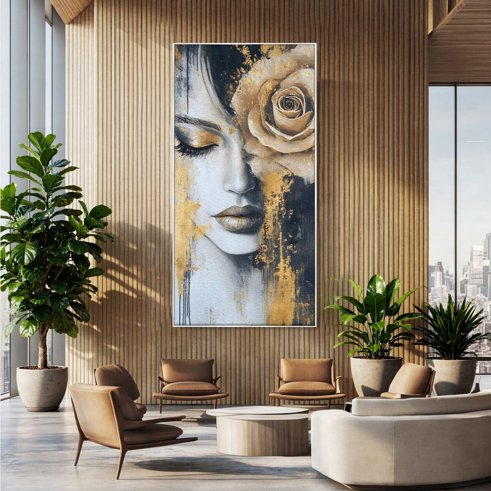 Tablou canvas cu tablou canvas portret feminin cu trandafir auriu, in rama de aluminiu argintiu, pe perete intr-un birou