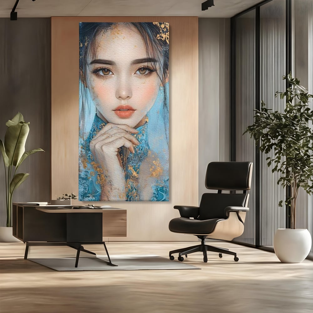Tablou canvas cu tablou canvas cu chip de femeie, fara rama, pe sasiu de lemn, pe perete intr-un birou