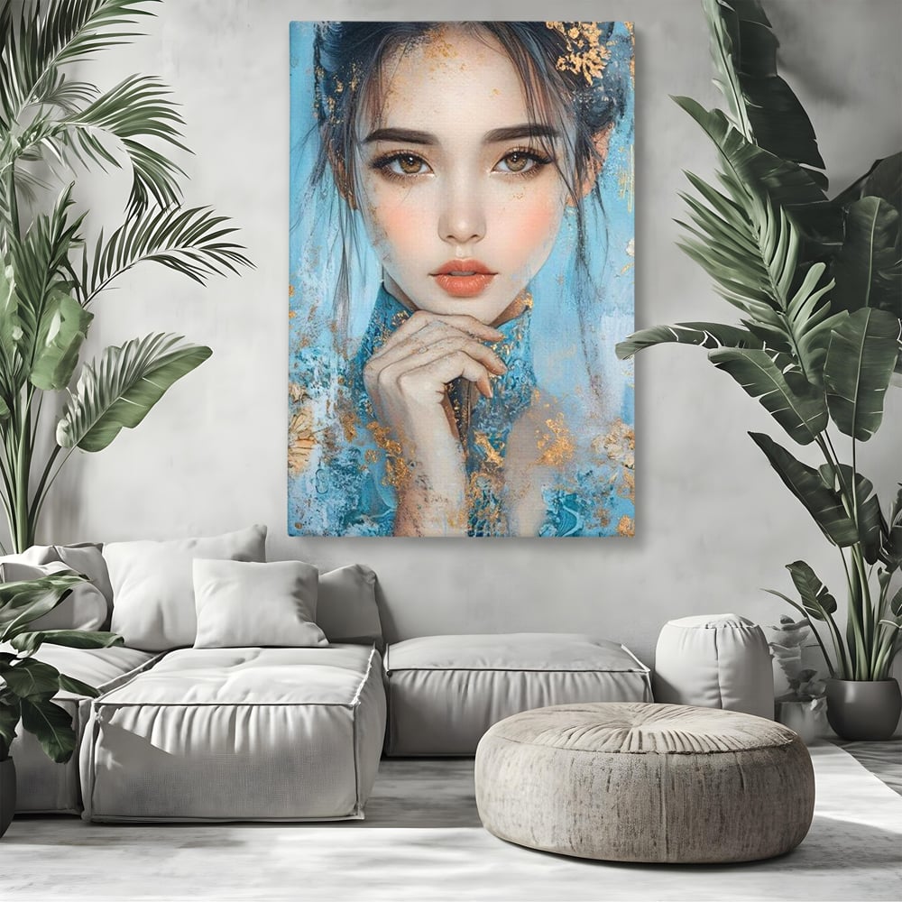 Tablou canvas cu tablou canvas cu chip de femeie, fara rama, pe sasiu de lemn, pe perete intr-un living