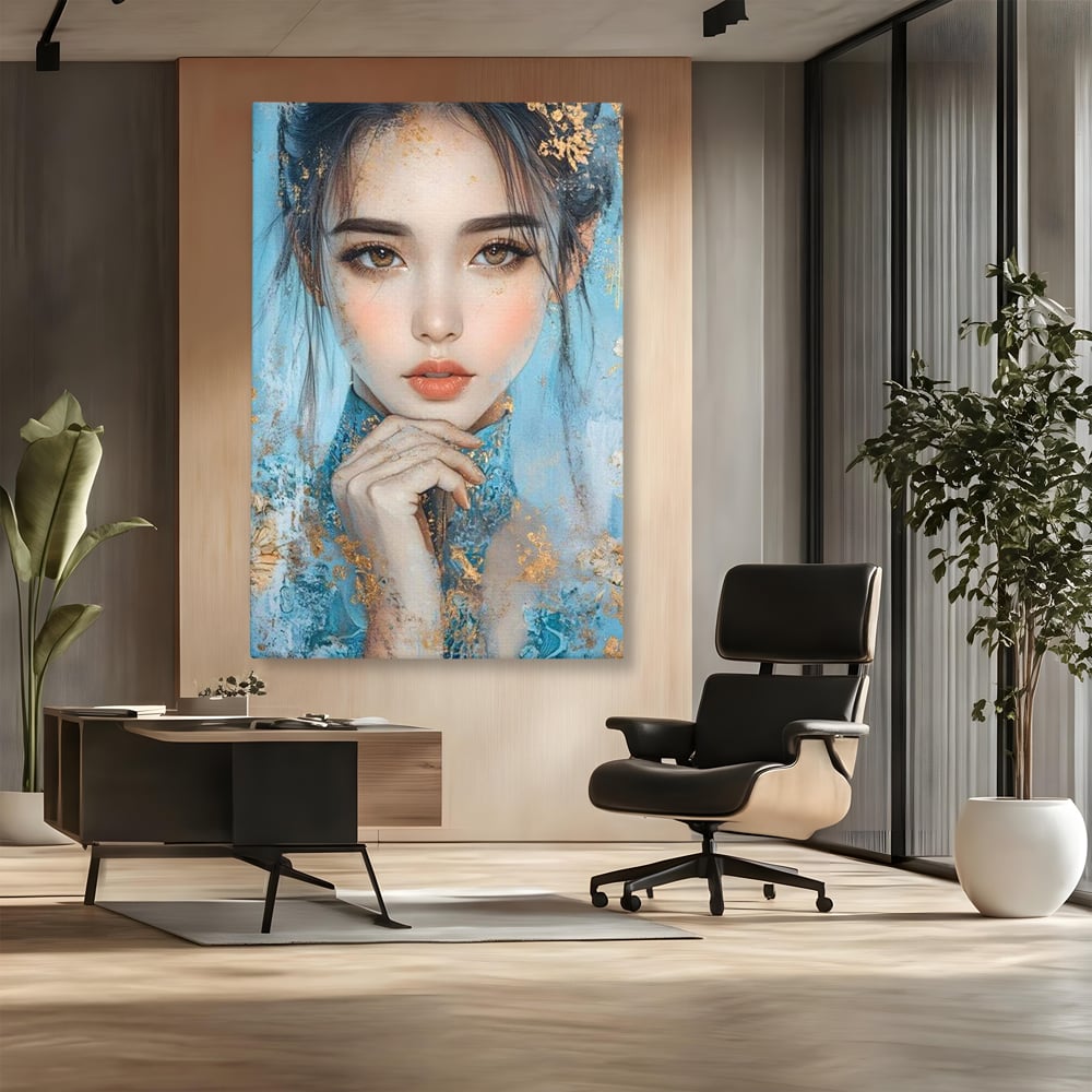 Tablou canvas cu tablou canvas cu chip de femeie, fara rama, pe sasiu de lemn, pe perete intr-un birou