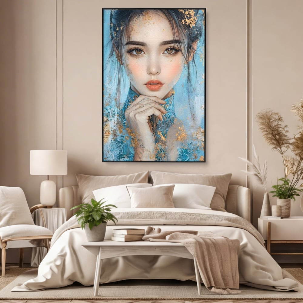 Tablou canvas cu tablou canvas cu chip de femeie, in rama de aluminiu negru, pe perete intr-un dormitor
