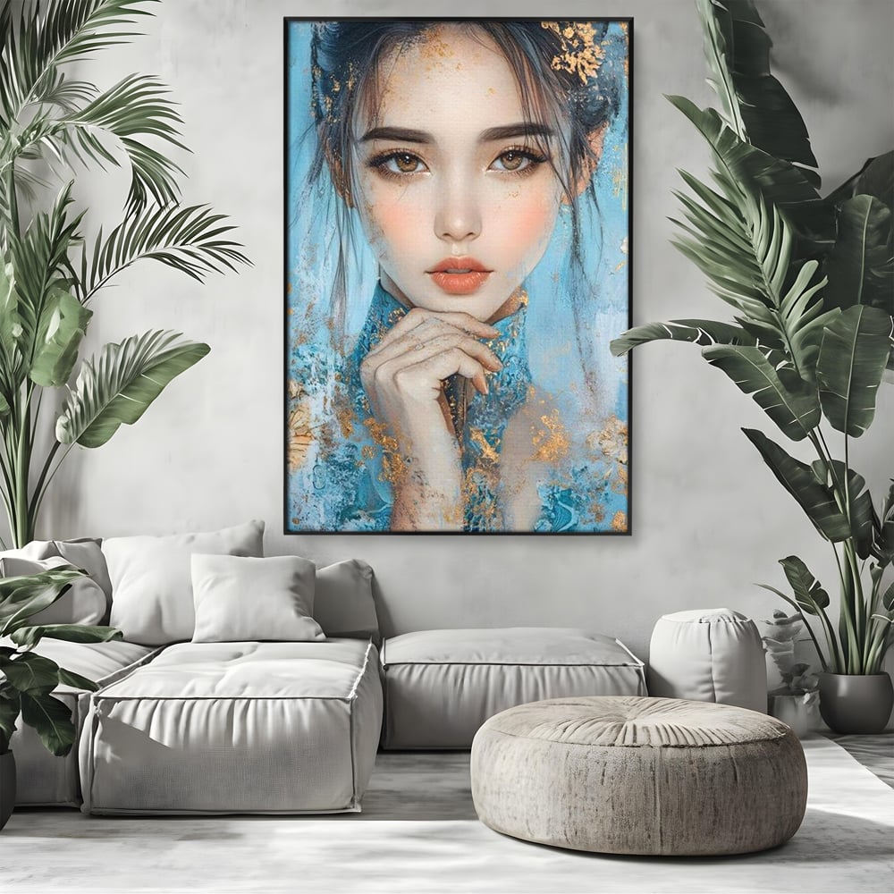 Tablou canvas cu tablou canvas cu chip de femeie, in rama de aluminiu negru, pe perete intr-un living